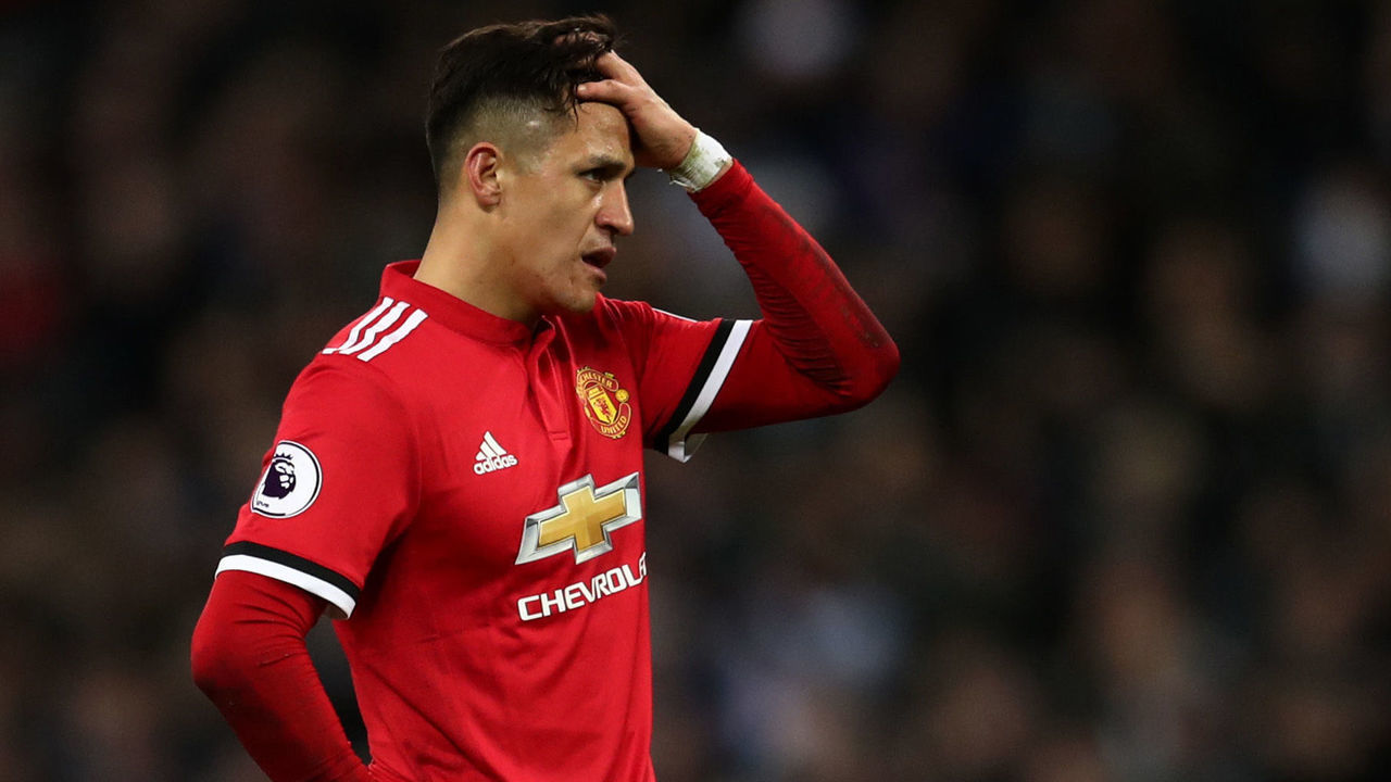 LONDON, ENGLAND - JANUARY 31: A dejected looking Alexis Sanchez of Manchester United during the Premier League match between Tottenham Hotspur and Manchester United at Wembley Stadium on January 31, 2018 in London, England.