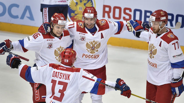 (From L) Russian player Sergey Plotnikov, Pavel Datsyuk, Ilya Kovalchuk and Anton Belov celebrate after scoring a goal during the Channel One Cup of the Euro Hockey Tour ice hockey match between Finland and Russia in Moscow on December 18, 2016. / AFP / Alexander NEMENOV