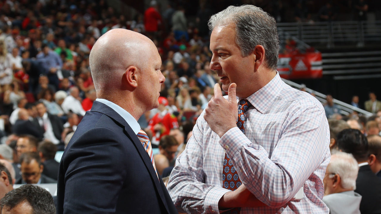 CHICAGO, IL - JUNE 24: (L-R) John Hynes and Ray Shero of the New Jersey Devils attend during the 2017 NHL Draft at the United Center on June 24, 2017 in Chicago, Illinois.