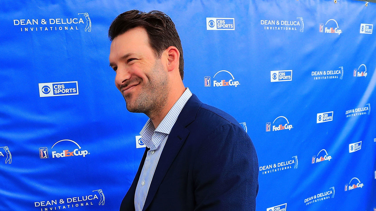 FORT WORTH, TX - MAY 27: Former Dallas Cowboys quarterback and on-air talent Tony Romo exits the broadcast booth during Round three of the DEAN & DELUCA Invitational at Colonial Country Club on May 27, 2017 in Fort Worth, Texas.