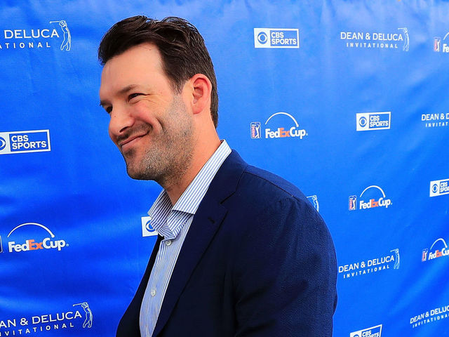 FORT WORTH, TX - MAY 27: Former Dallas Cowboys quarterback and on-air talent Tony Romo exits the broadcast booth during Round three of the DEAN & DELUCA Invitational at Colonial Country Club on May 27, 2017 in Fort Worth, Texas.
