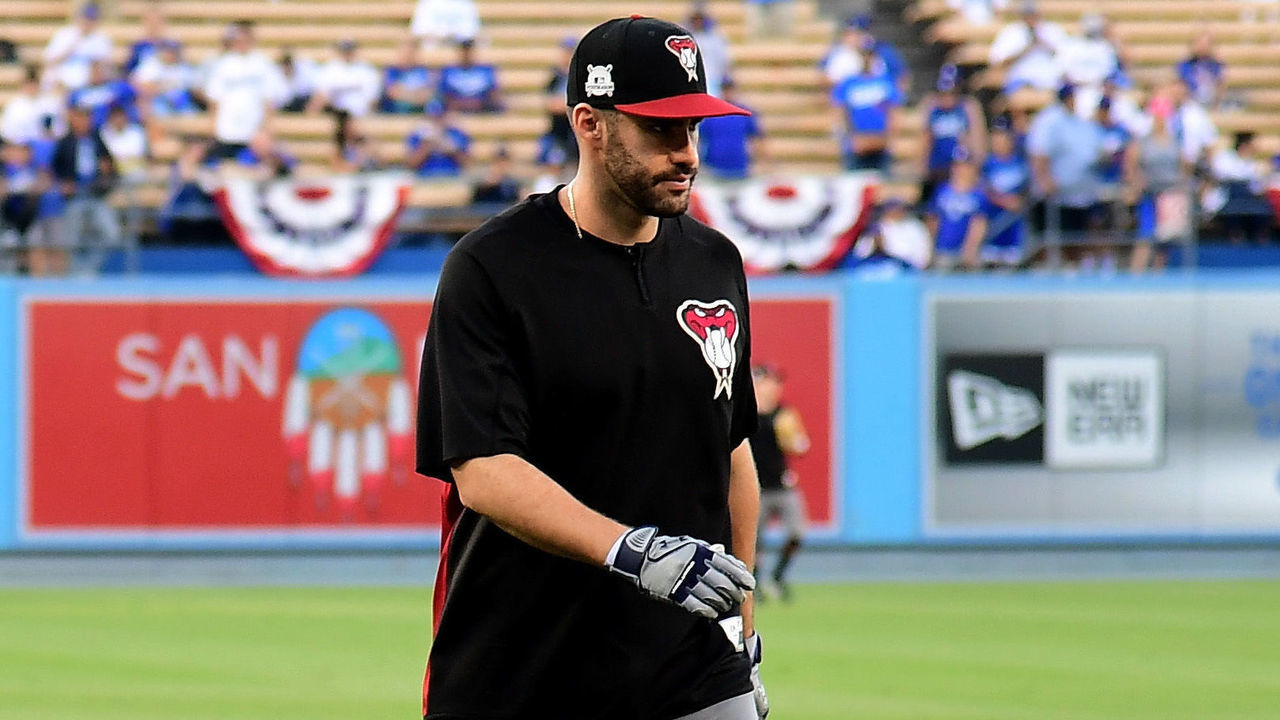 LOS ANGELES, CA - OCTOBER 06: J.D. Martinez #28 of the Arizona Diamondbacks walks on the field prior to taking on the Los Angeles Dodgers in game one of the National League Division Series at Dodger Stadium on October 6, 2017 in Los Angeles, California.