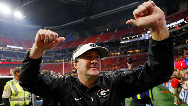 ATLANTA, GA - DECEMBER 02: Head coach Kirby Smart of the Georgia Bulldogs celebrates beating the Auburn Tigers in the SEC Championship at Mercedes-Benz Stadium on December 2, 2017 in Atlanta, Georgia.