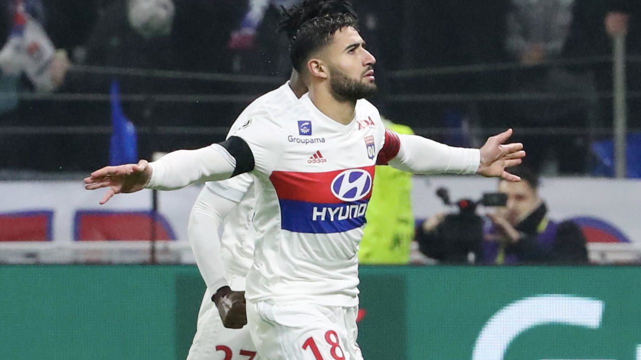 LYON, FRANCE - JANUARY 21: Captain Nabil Fekir (R) of Olympique Lyonnais celebrate his goal with teammattes during the Ligue 1 match between Olympique Lyonnais and Paris Saint Germain (PSG) at Parc OL on January 21, 2018 in Lyon, France.