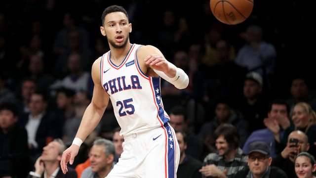 NEW YORK, NY - JANUARY 31: Ben Simmons #25 of the Philadelphia 76ers reaches for the ball against the Brooklyn Nets in the first quarter during their game at Barclays Center on January 31, 2018 in the Brooklyn borough of New York City.