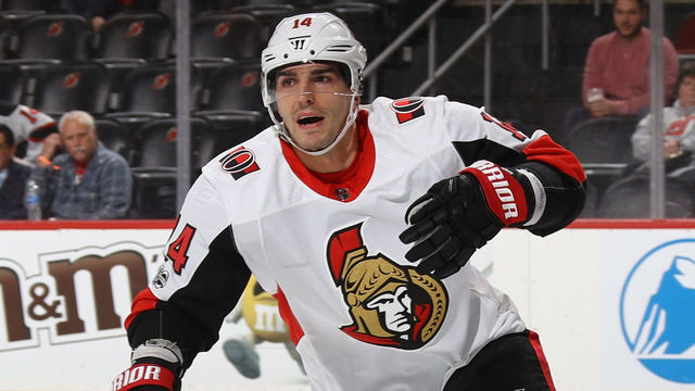 NEWARK, NJ - OCTOBER 27: Alex Burrows #14 of the Ottawa Senators skates against the New Jersey Devils at the Prudential Center on October 27, 2017 in Newark, New Jersey. The Devils defeated the Senators 5-4 in the shoot out.