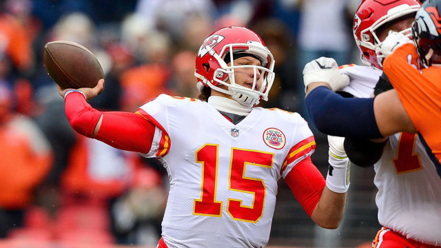 DENVER, CO - DECEMBER 31: Quarterback Patrick Mahomes #15 of the Kansas City Chiefs passes against the Denver Broncos in the first quarter of a game at Sports Authority Field at Mile High on December 31, 2017 in Denver, Colorado.