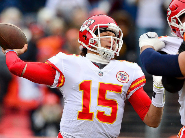 DENVER, CO - DECEMBER 31: Quarterback Patrick Mahomes #15 of the Kansas City Chiefs passes against the Denver Broncos in the first quarter of a game at Sports Authority Field at Mile High on December 31, 2017 in Denver, Colorado.