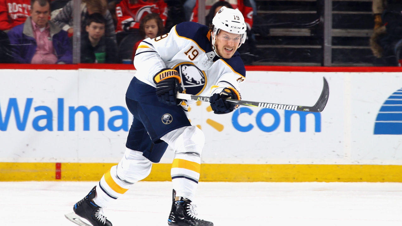 NEWARK, NJ - DECEMBER 29: Jake McCabe #19 of the Buffalo Sabres skates against the New Jersey Devils at the Prudential Center on December 29, 2017 in Newark, New Jersey. The Sabres defeated the Devils 4-3 in overtime.