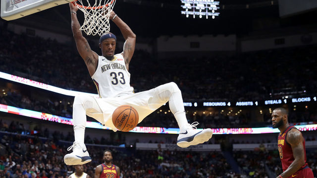 NEW ORLEANS, LA - OCTOBER 28: Dante Cunningham #33 of the New Orleans Pelicans dunks the ball against the Cleveland Cavaliers at the Smoothie King Center on October 28, 2017 in New Orleans, Louisiana.