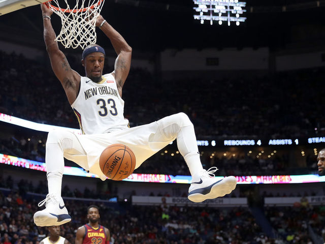 NEW ORLEANS, LA - OCTOBER 28: Dante Cunningham #33 of the New Orleans Pelicans dunks the ball against the Cleveland Cavaliers at the Smoothie King Center on October 28, 2017 in New Orleans, Louisiana.