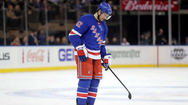 NEW YORK, NY - JANUARY 18: Brendan Smith #42 of the New York Rangers looks on in the second period against the Buffalo Sabres during their game at Madison Square Garden on January 18, 2018 in New York City.