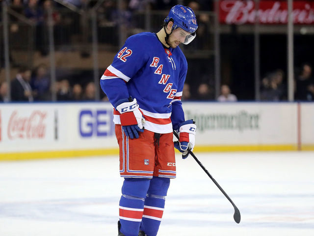 NEW YORK, NY - JANUARY 18: Brendan Smith #42 of the New York Rangers looks on in the second period against the Buffalo Sabres during their game at Madison Square Garden on January 18, 2018 in New York City.