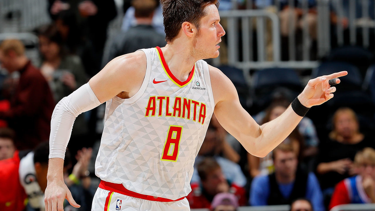 ATLANTA, GA - NOVEMBER 15: Luke Babbitt #8 of the Atlanta Hawks reacts after hitting a three-point basket against the Sacramento Kings at Philips Arena on November 15, 2017 in Atlanta, Georgia.