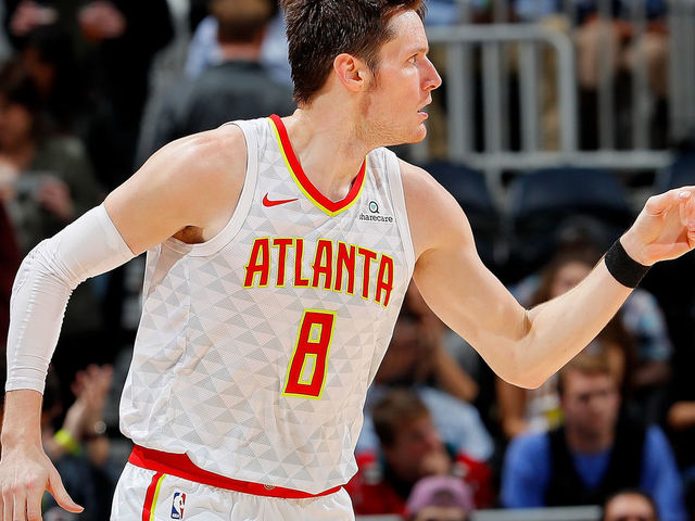 ATLANTA, GA - NOVEMBER 15: Luke Babbitt #8 of the Atlanta Hawks reacts after hitting a three-point basket against the Sacramento Kings at Philips Arena on November 15, 2017 in Atlanta, Georgia.