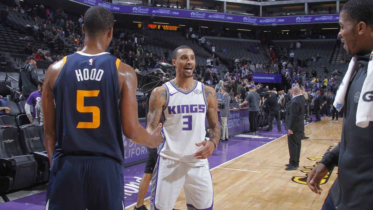 SACRAMENTO, CA - JANUARY 17: George Hill #3 of the Sacramento Kings greets Rodney Hood #5 of the Utah Jazz after the game on January 17, 2018 at Golden 1 Center in Sacramento, California. NOTE TO USER: User expressly acknowledges and agrees that, by downloading and or using this photograph, User is consenting to the terms and conditions of the Getty Images Agreement. Mandatory Copyright Notice: Copyright 2018 NBAE