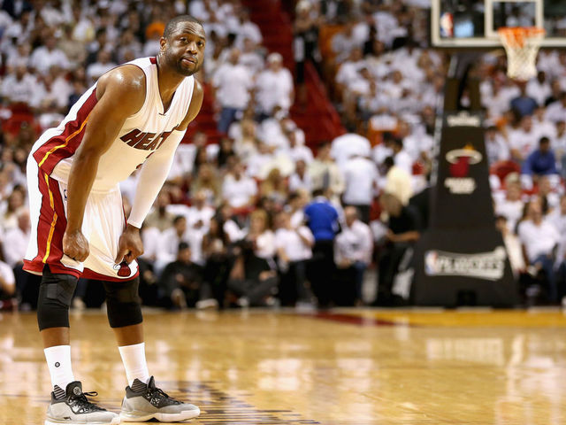 MIAMI, FL - MAY 13: Dwyane Wade #3 of the Miami Heat watches on against the Toronto Raptors during Game 6 of the Eastern Conference Semifinals of the 2016 NBA Playoffs at American Airlines Arena on May 13, 2016 in Miami, Florida.