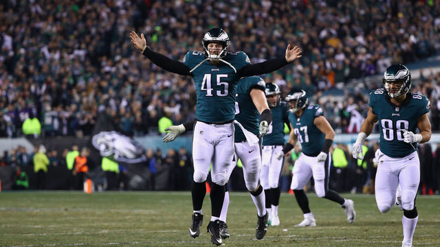 PHILADELPHIA, PA - JANUARY 21: Rick Lovato #45 of the Philadelphia Eagles celebrates the third quarter touchdown reception by Torrey Smith (not pictured) against the Minnesota Vikings in the NFC Championship game at Lincoln Financial Field on January 21, 2018 in Philadelphia, Pennsylvania.