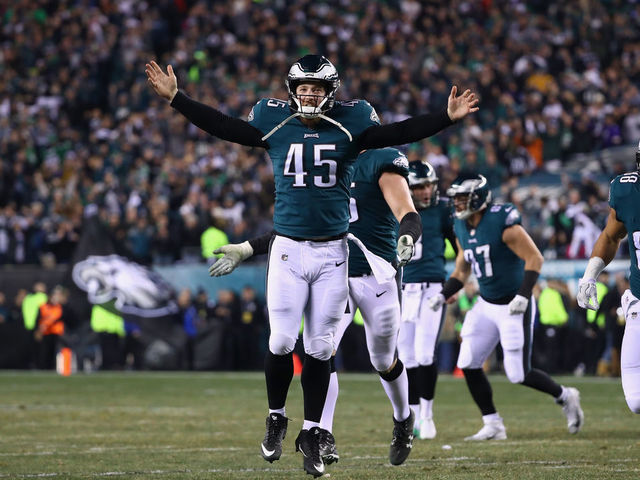 PHILADELPHIA, PA - JANUARY 21: Rick Lovato #45 of the Philadelphia Eagles celebrates the third quarter touchdown reception by Torrey Smith (not pictured) against the Minnesota Vikings in the NFC Championship game at Lincoln Financial Field on January 21, 2018 in Philadelphia, Pennsylvania.