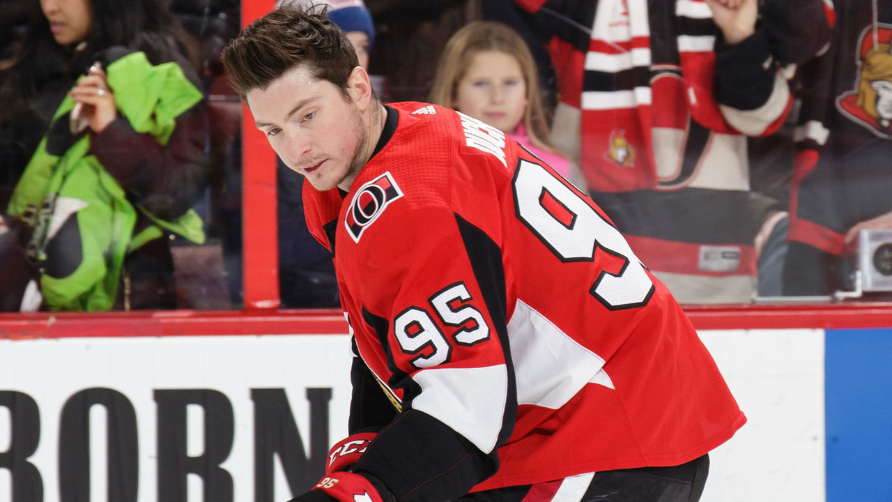 OTTAWA, ON - JANUARY 9: Matt Duchene #95 of the Ottawa Senators balances a puck on his stick blade during warmups prior to a game against the Chicago Blackhawks at Canadian Tire Centre on January 9, 2018 in Ottawa, Ontario, Canada.