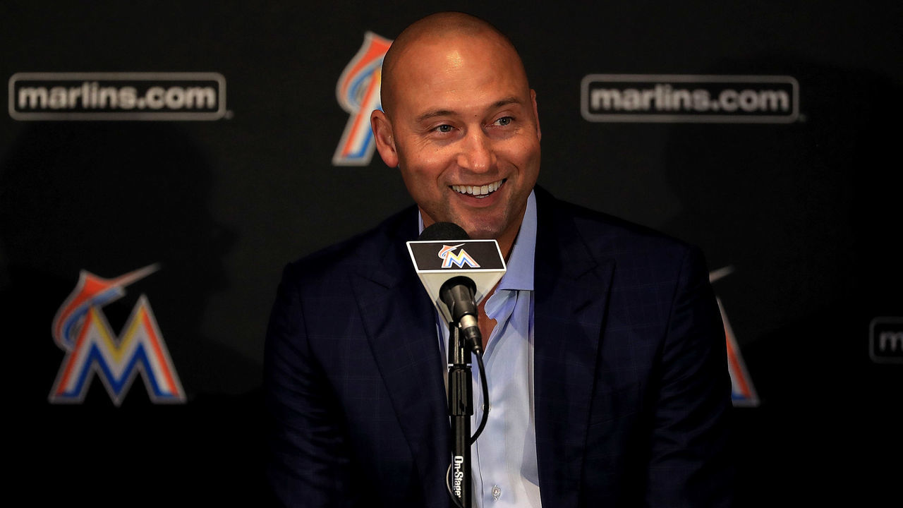 MIAMI, FL - OCTOBER 03: Miami Marlins CEO Derek Jeter speak with members of the media at Marlins Park on October 3, 2017 in Miami, Florida.