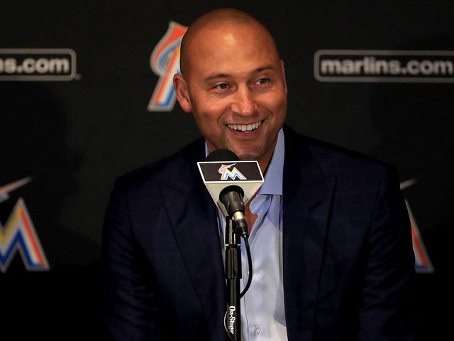 MIAMI, FL - OCTOBER 03: Miami Marlins CEO Derek Jeter speak with members of the media at Marlins Park on October 3, 2017 in Miami, Florida.
