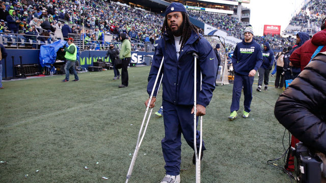 SEATTLE, WA - DECEMBER 31: Cornerback Richard Sherman #25 of the Seattle Seahawks walks on the sidelines in the third quarter against the Arizona Cardinals at CenturyLink Field on December 31, 2017 in Seattle, Washington.