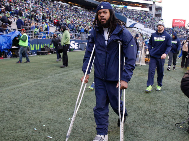 SEATTLE, WA - DECEMBER 31: Cornerback Richard Sherman #25 of the Seattle Seahawks walks on the sidelines in the third quarter against the Arizona Cardinals at CenturyLink Field on December 31, 2017 in Seattle, Washington.