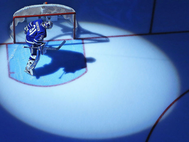 TORONTO, ON - APRIL 19: Frederik Andersen #31 of the Toronto Maple Leafs gets set to face the Washington Capitals in Game Four of the Eastern Conference Quarterfinals during the 2017 NHL Stanley Cup Playoffs at Air Canada Centre on April 19, 2017 in Toronto, Ontario, Canada. The Capitals defeated the Maple Leafs 5-4 to even series 2-2.