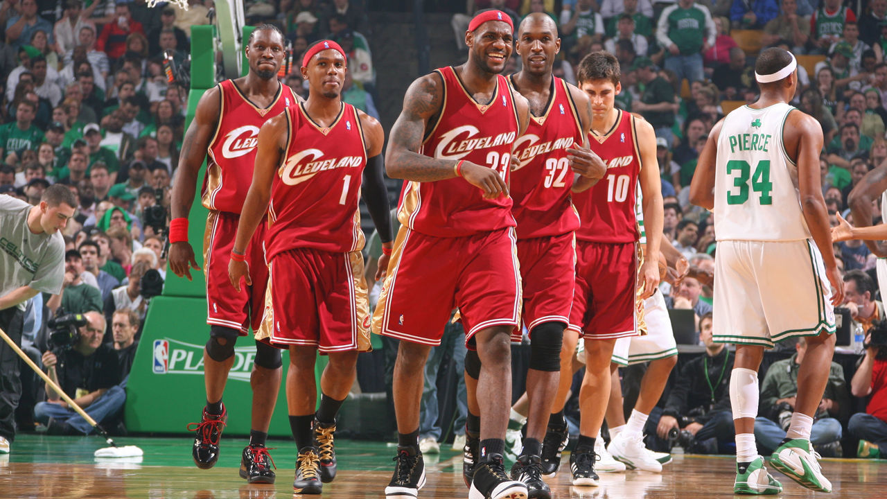BOSTON - MAY 6: LeBron James #23, Daniel Gibson #1, Ben Wallace #4, Joe Smith #32 and Wally Szczerbiak #10 of the Cleveland Cavaliers walk down the court during Game One of the Eastern Conference Semifinals against the Boston Celtics during the 2008 NBA Playoffs at the TD Banknorth Garden May 6, 2008 in Boston, Massachusetts. NOTE TO USER: User expressly acknowledges and agrees that, by downloading and/or using this photograph, user is consenting to the terms and conditions of the Getty Images License Agreement. Mandatory Copyright Notice: Copyright 2008 NBAE