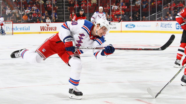 NEWARK, NJ - SEPTEMBER 23: Lias Andersson #50 of the New York Rangers takes a slapshot against the New Jersey Devils during the first period at the Prudential Center on September 23, 2017 in Newark, New Jersey.