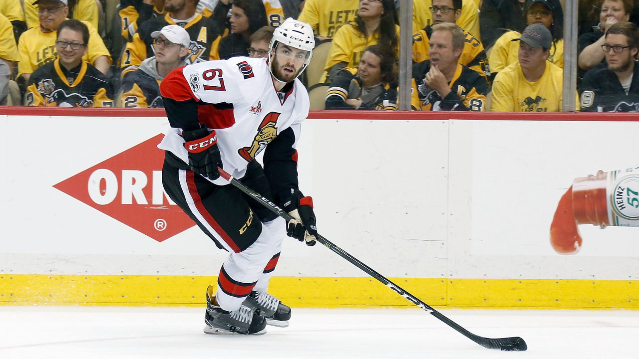 PITTSBURGH, PA - MAY 21: Ben Harpur #67 of the Ottawa Senators controls the puck in Game Five of the Eastern Conference Final during the 2017 NHL Stanley Cup Playoffs against the Pittsburgh Penguins at PPG Paints Arena on May 21, 2017 in Pittsburgh, Pennsylvania.