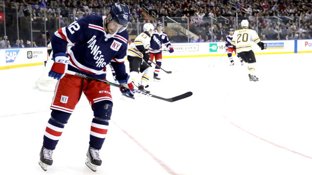NEW YORK, NY - FEBRUARY 07: Brendan Smith #42 of the New York Rangers reacts after a goal by Riley Nash #20 of the Boston Bruins in the first period during their game at Madison Square Garden on February 7, 2018 in New York City.