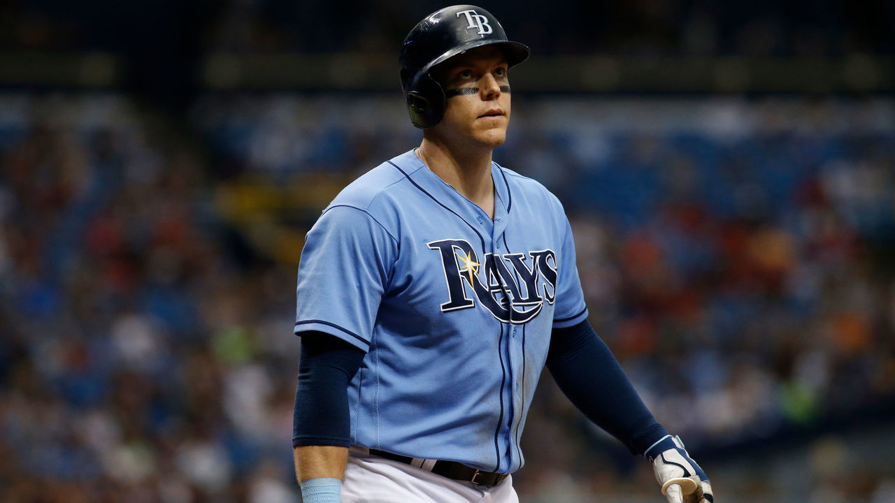 ST. PETERSBURG, FL - AUGUST 13: Logan Morrison #7 of the Tampa Bay Rays reacts after striking out swinging to pitcher Corey Kluber of the Cleveland Indians during the sixth inning of a game on August 13, 2017 at Tropicana Field in St. Petersburg, Florida.