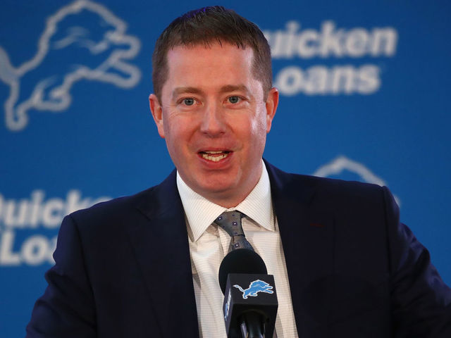 ALLEN PARK, MI - FEBRUARY 07: General Manager Bob Quinn of the Detroit Lions speaks at a press conference after introducing Matt Patricia as the Lions new head coach at the Detroit Lions Practice Facility on February 7, 2018 in Allen Park, Michigan.