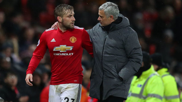 MANCHESTER, ENGLAND - DECEMBER 13: Luke Shaw of Manchester United and Jose Mourinho the head coach / manager of Manchester United during the Premier League match between Manchester United and AFC Bournemouth at Old Trafford on December 13, 2017 in Manchester, England.