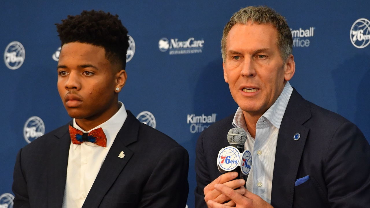 PHILADELPHIA, PA - JUNE 23: Bryan Colangelo introduces the Philadelphia 76ers draftees at a press conference announcing Anzejs Pasecniks, Markelle Fultz, Jonah Bolden and Mathias Lessort at the Sixers Training Complex on June 23, 2017 in Camden, New Jersey. Mandatory Copyright Notice: Copyright 2017 NBAE