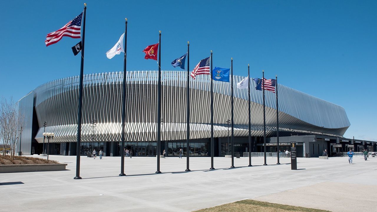 UNIONDALE, NY - APRIL 08: An exterior view of the NYCB LIVE Nassau Veterans Memorial Coliseum on April 8, 2017 in Uniondale, New York.