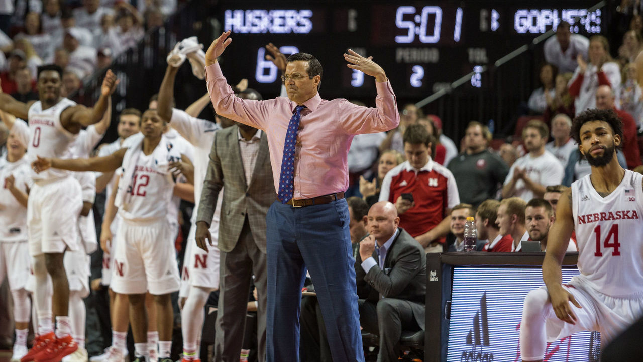 LINCOLN, NE - DECEMBER 05: Nebraska head coach Tim Miles waves his arms in the air to get the fans excited in the game against Minnesota during the second half Tuesday, December 5th at Pinnacle Bank Arena in Lincoln, Nebraska. Nebraska takes the win over Minnesota 78 to 68.
