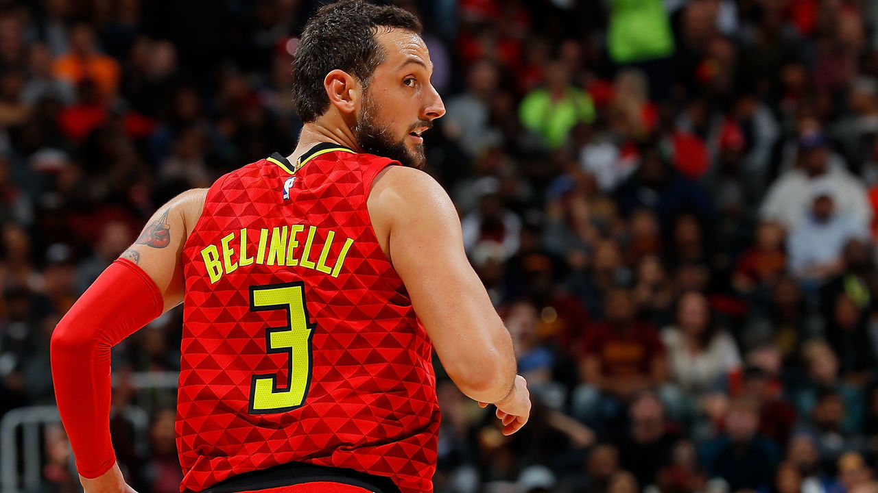 ATLANTA, GA - NOVEMBER 30: Marco Belinelli #3 of the Atlanta Hawks reacts after hitting a three-point basket against the Cleveland Cavaliers at Philips Arena on November 30, 2017 in Atlanta, Georgia.