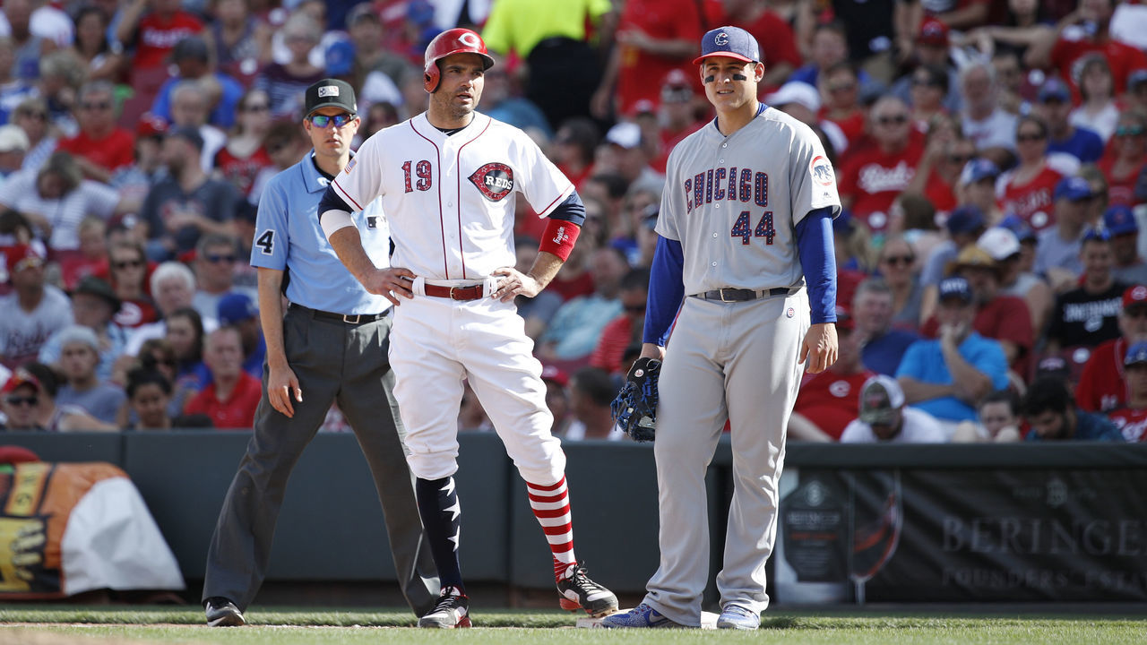 CINCINNATI, OH - JULY 01: Joey Votto #19 of the Cincinnati Reds talks with Anthony Rizzo #44 of the Chicago Cubs during a game at Great American Ball Park on July 1, 2017 in Cincinnati, Ohio. The Reds defeated the Cubs 5-3.