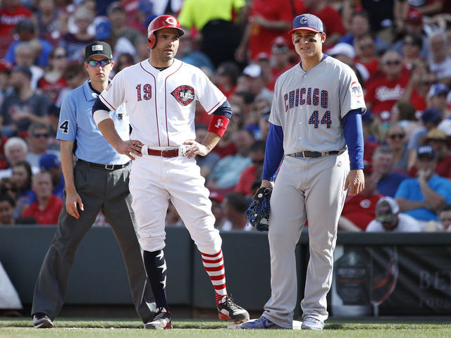 CINCINNATI, OH - JULY 01: Joey Votto #19 of the Cincinnati Reds talks with Anthony Rizzo #44 of the Chicago Cubs during a game at Great American Ball Park on July 1, 2017 in Cincinnati, Ohio. The Reds defeated the Cubs 5-3.