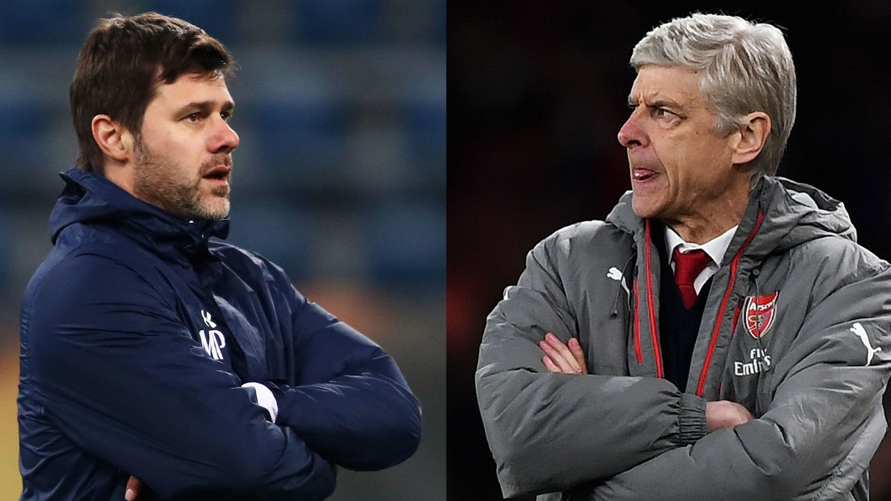 FILE PHOTO (EDITORS NOTE: COMPOSITE OF TWO IMAGES - Image numbers (L) 635481924 and 664948828) In this composite image a comparison has been made between Mauricio Pochettino,Manager of Tottenham Hotspur (L) and Arsene Wenger, Manager of Arsenal. Tottenham Hotspur and Arsenal meet in a Premier League match at Wembley Stadium on February 10,2018 in London,England. ***LEFT IMAGE*** GENT, BELGIUM - FEBRUARY 15: Tottenham Hotspur Head Coach / Manager, Mauricio Pochettino looks on during the Tottenham Hotspur Training Session held at the Ghelamco Arena stadium on February 15, 2017 in Gent, Belgium. KAA Gent will play Tottenham Hotspur in their Europa League match on the February 16, 2017.