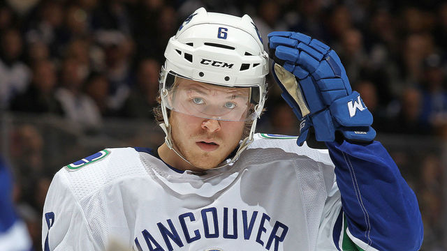 TORONTON, ON - JANUARY 6: Brock Boeser #6 of the Vancouver Canucks gets set for faceoff against the Toronto Maple Leafs during an NHL game at the Air Canada Centre on January 6, 2018 in Toronto, Ontario, Canada. The Maple Leafs defeated the Canucks 3-2 in an overtime shoot-out.