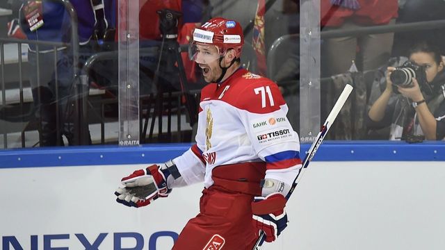 Russia's forward Ilya Kovalchuk celebrates a goal during the Channel One Cup of the Euro Hockey Tour ice hockey match between Russia and Finland in Moscow on December 19, 2015. / AFP / ALEXANDER NEMENOV