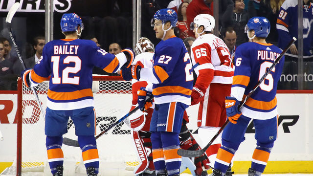 NEW YORK, NY - DECEMBER 19: Anders Lee #27 of the New York Islanders celebrates his goal at 6:32 of the first period against the Detroit Red Wings at the Barclays Center on December 19, 2017 in the Brooklyn borough of New York City.