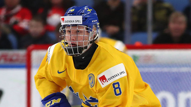 BUFFALO, NY - JANUARY 4: Rasmus Dahlin #8 of Sweden during the IIHF World Junior Championship against the United States at KeyBank Center on January 4, 2018 in Buffalo, New York.