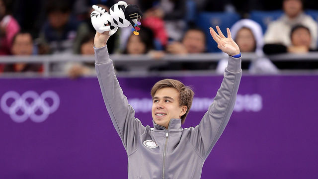 GANGNEUNG, SOUTH KOREA - FEBRUARY 10: Bronze medalist Semen Elistratov of Olympic Athlete from Russia celebrates during the victory ceremony after the Men's 1500m Short Track Speed Skating final on day one of the PyeongChang 2018 Winter Olympic Games at Gangneung Ice Arena on February 10, 2018 in Gangneung, South Korea.