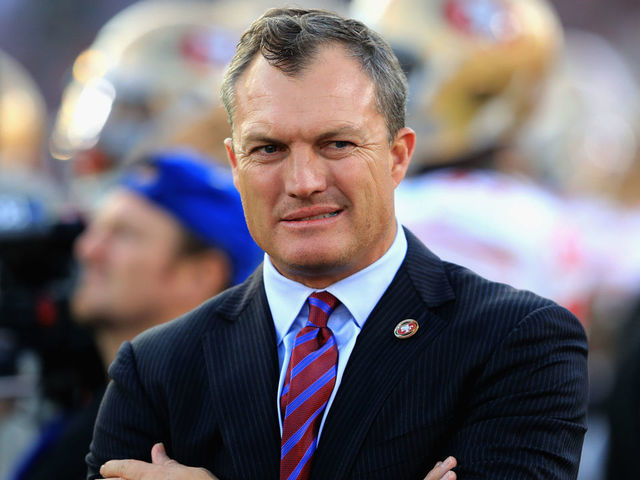 LOS ANGELES, CA - DECEMBER 31: General Manager John Lynch of the San Francisco 49ers looks on from the sidelines during the second half of a game against the Los Angeles Rams at Los Angeles Memorial Coliseum on December 31, 2017 in Los Angeles, California.