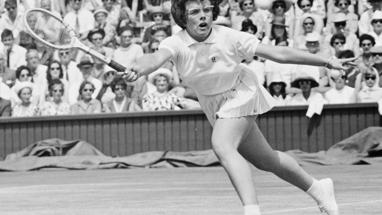 2nd July 1964: American tennis player Billie Jean Moffitt (later King) in action during a semi final in the women's singles championship at Wimbledon.
